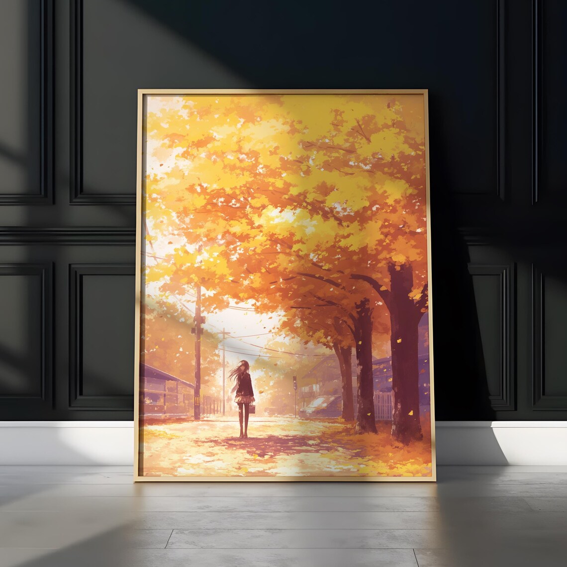 Lone Anime Girl on Autumn Road Under Blazing Orange Canopy Poster