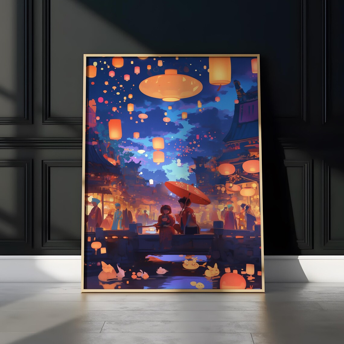Anime Night Festival Floating Lanterns Couple Bridge Pagoda Art Poster