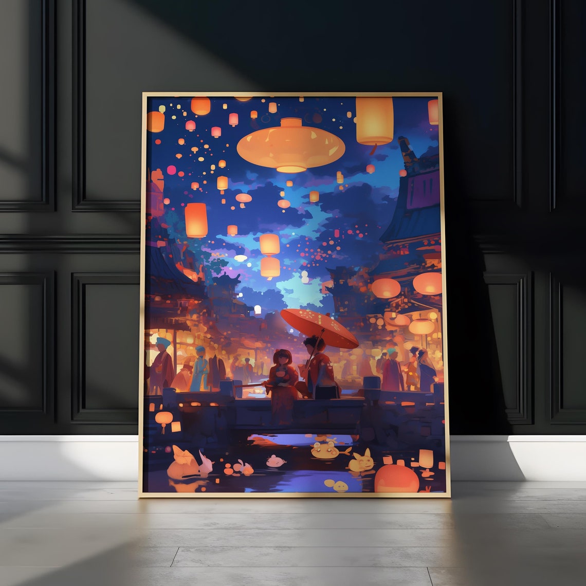 Anime Night Festival Poster Japanese Lanterns Scene Wall Art Asian Culture Decor Gift For Anime Lovers Traditional Festival Art For Home