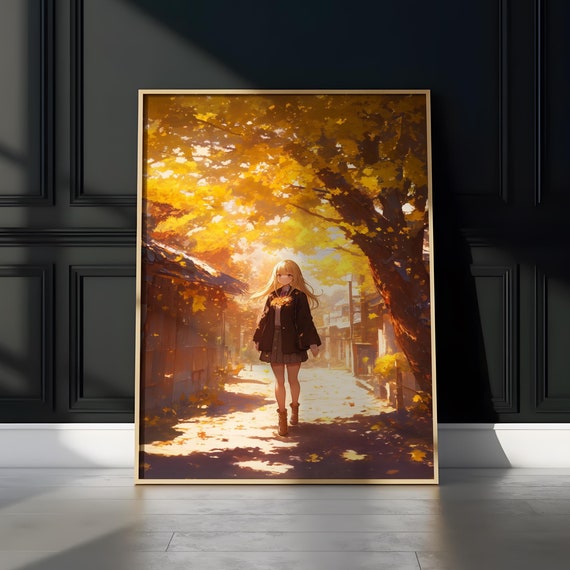Cozy Autumn Anime Poster For Girls Cute Fall Wall Art Decor Aesthetic Japanese Street Scene Print Gift For Anime Lovers Bedroom Decor