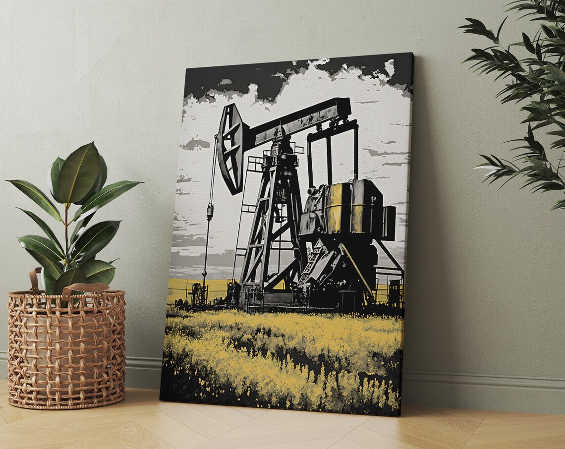 Yellow And Black Oil Pumpjack In Wildflower Field Pop Art Style Poster