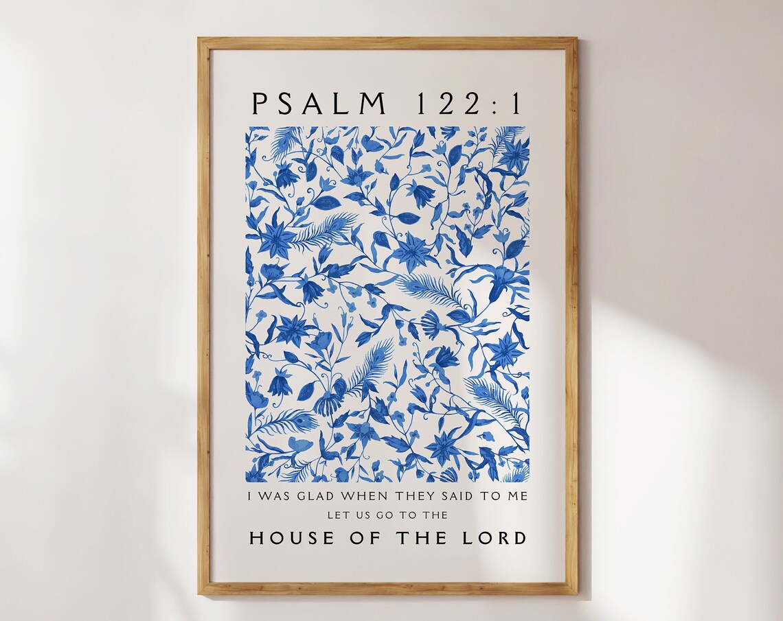 Psalm 122 House of the Lord Blue Floral Watercolor Verse Poster