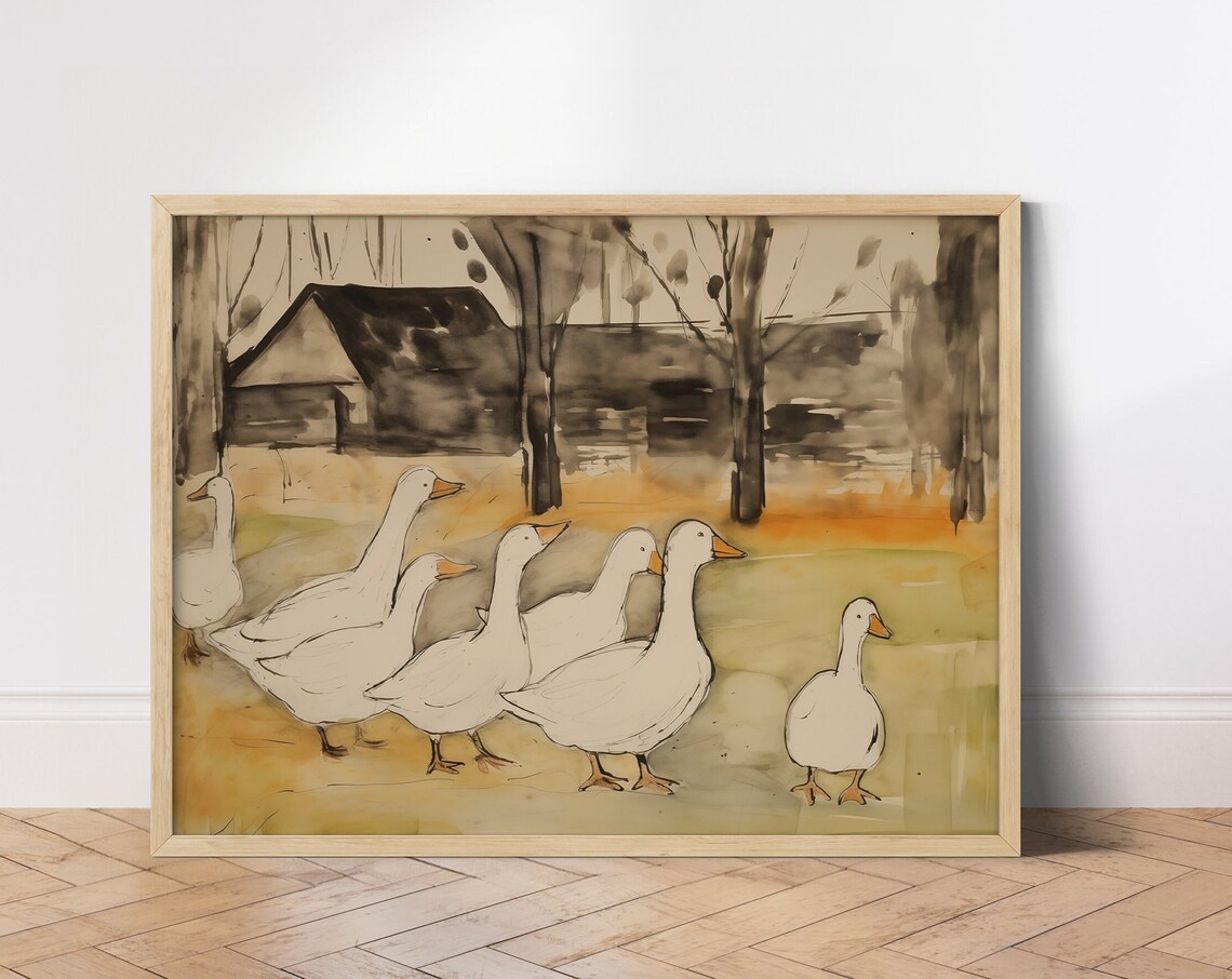 White Geese in the Barnyard Rustic Watercolor Farmhouse Art Print