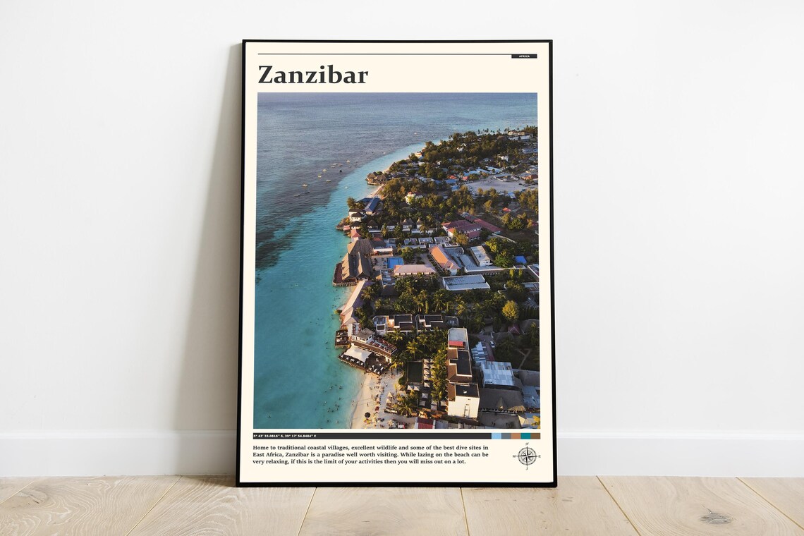 Zanzibar East Africa Coastal Aerial Tropical Beach Travel Poster