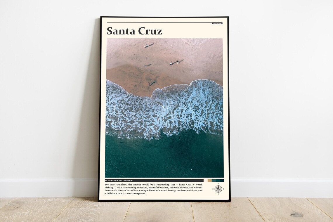 Santa Cruz California Aerial Ocean Wave Surfers Photography Poster