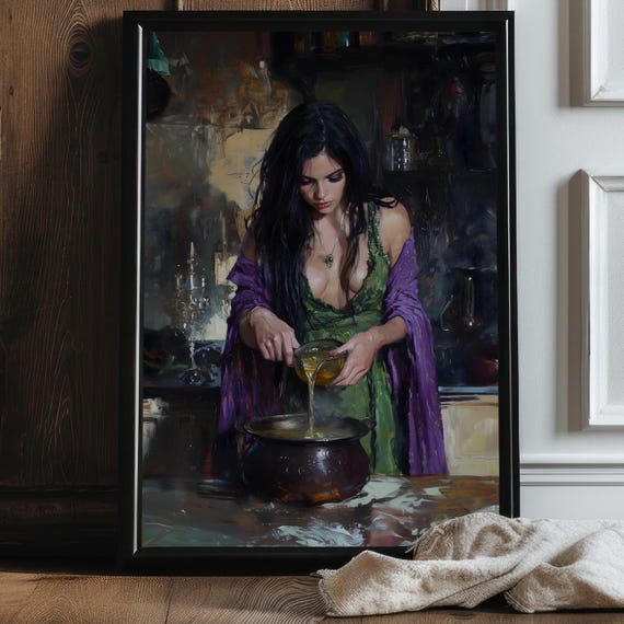 Enchanting Witch Cooking Dark Academia Print Goth Moody Victorian Wall Art Dark Decor Aesthetic Dark Cottagecore Gothic Prints