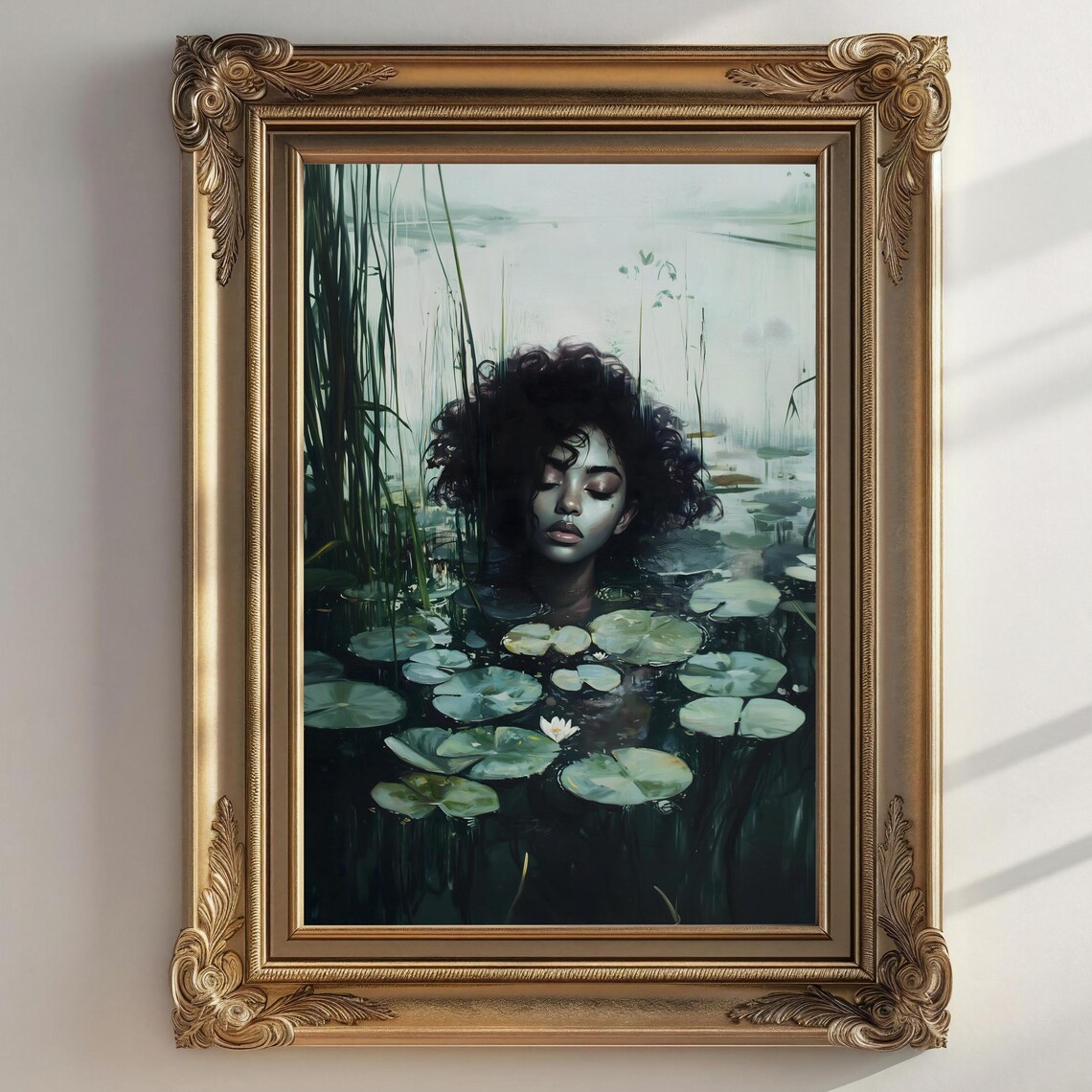 Woman Half Submerged in Misty Water Lily Pond Among Tall Reeds Print - Image 2