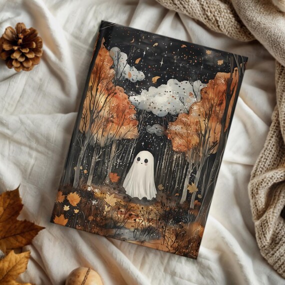Cute Ghost In Autumn Forest Night Starry Sky Hardcover Journal Gift