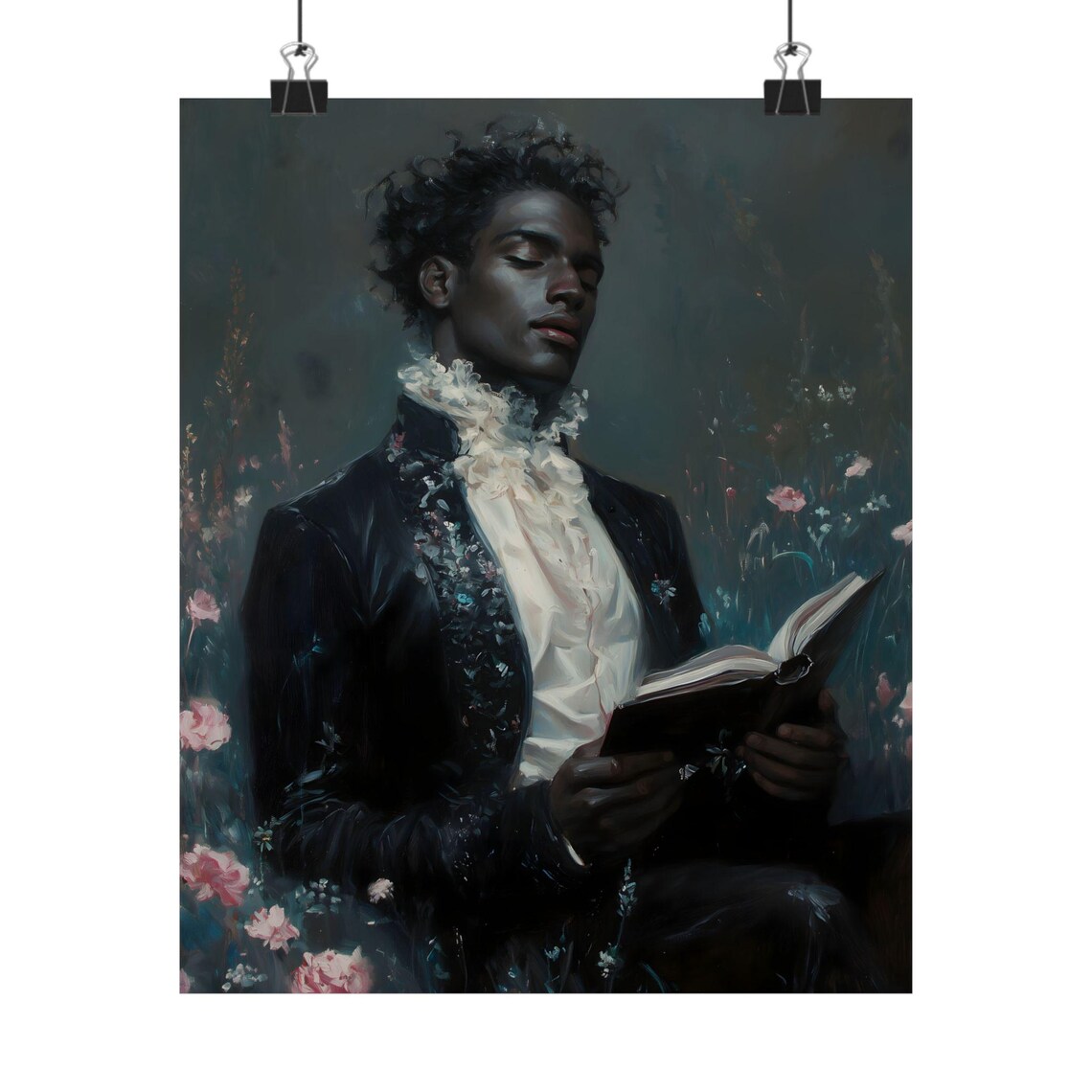 Black Victorian Gentleman Reading Book Pink Flower Field Dark Academia Poster - Image 2