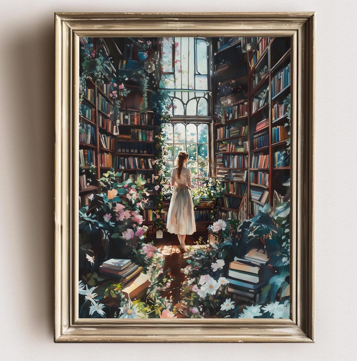 Woman White Gown Gothic Library Bookshelves Flowers Romance Art Poster - Image 2
