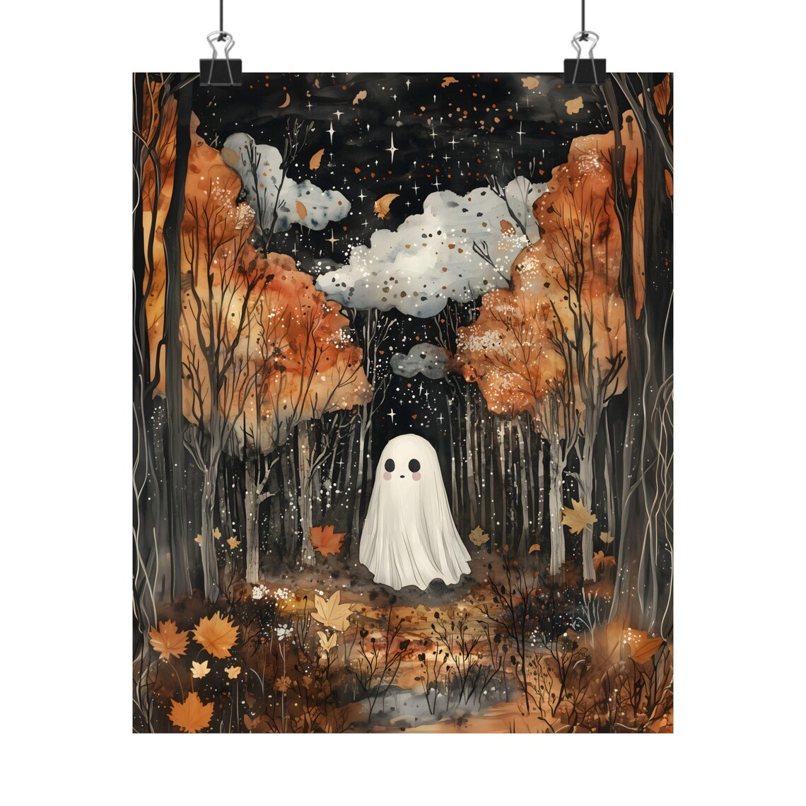 Cute Ghost In Autumn Forest Night Stars Falling Leaves Whimsical Poster - Image 2
