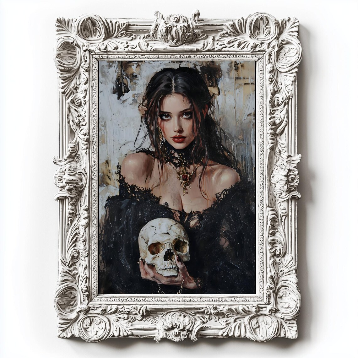 Gothic Woman Holding Skull Black Lace Dark Romantic Oil Painting Print - Image 3