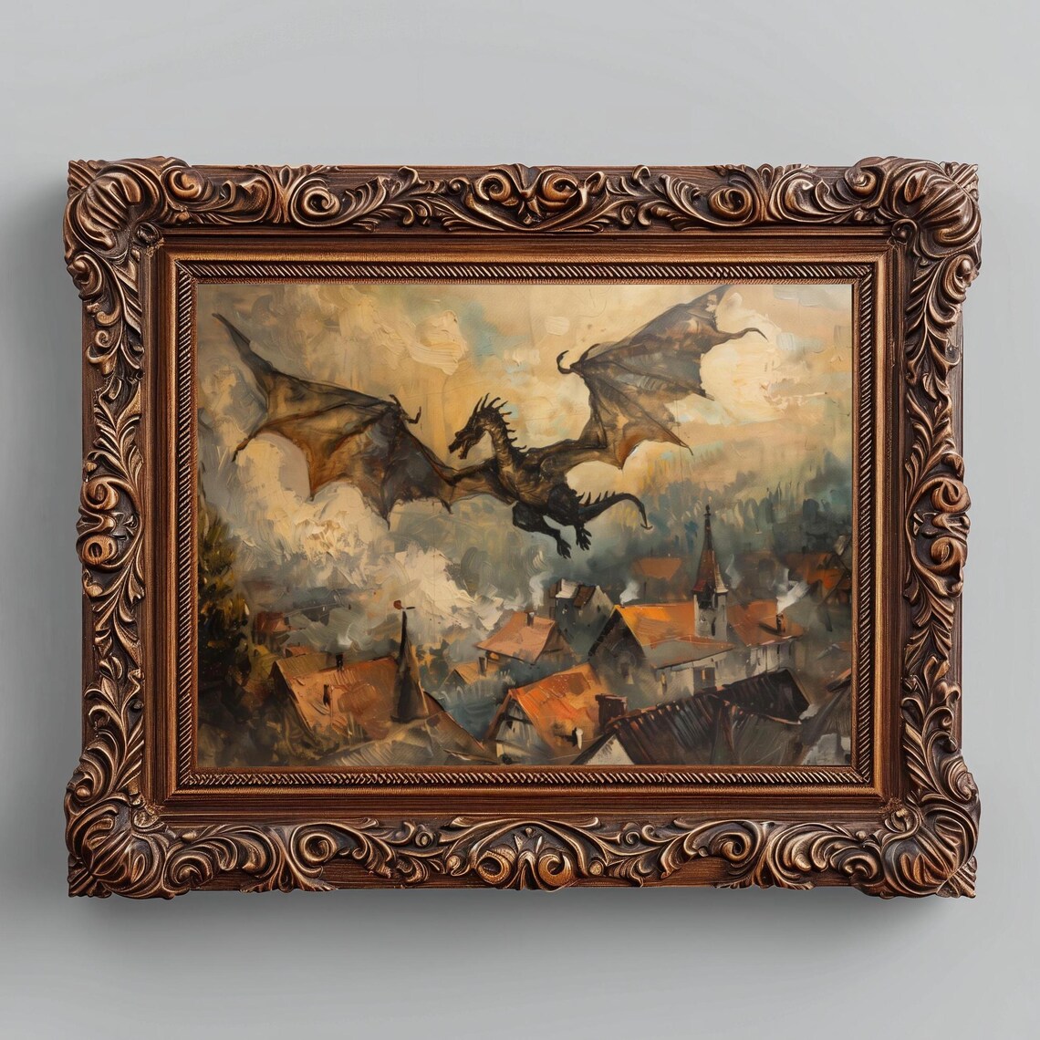 Medieval Dragon Vintage Painting, Fantasy Poster Print