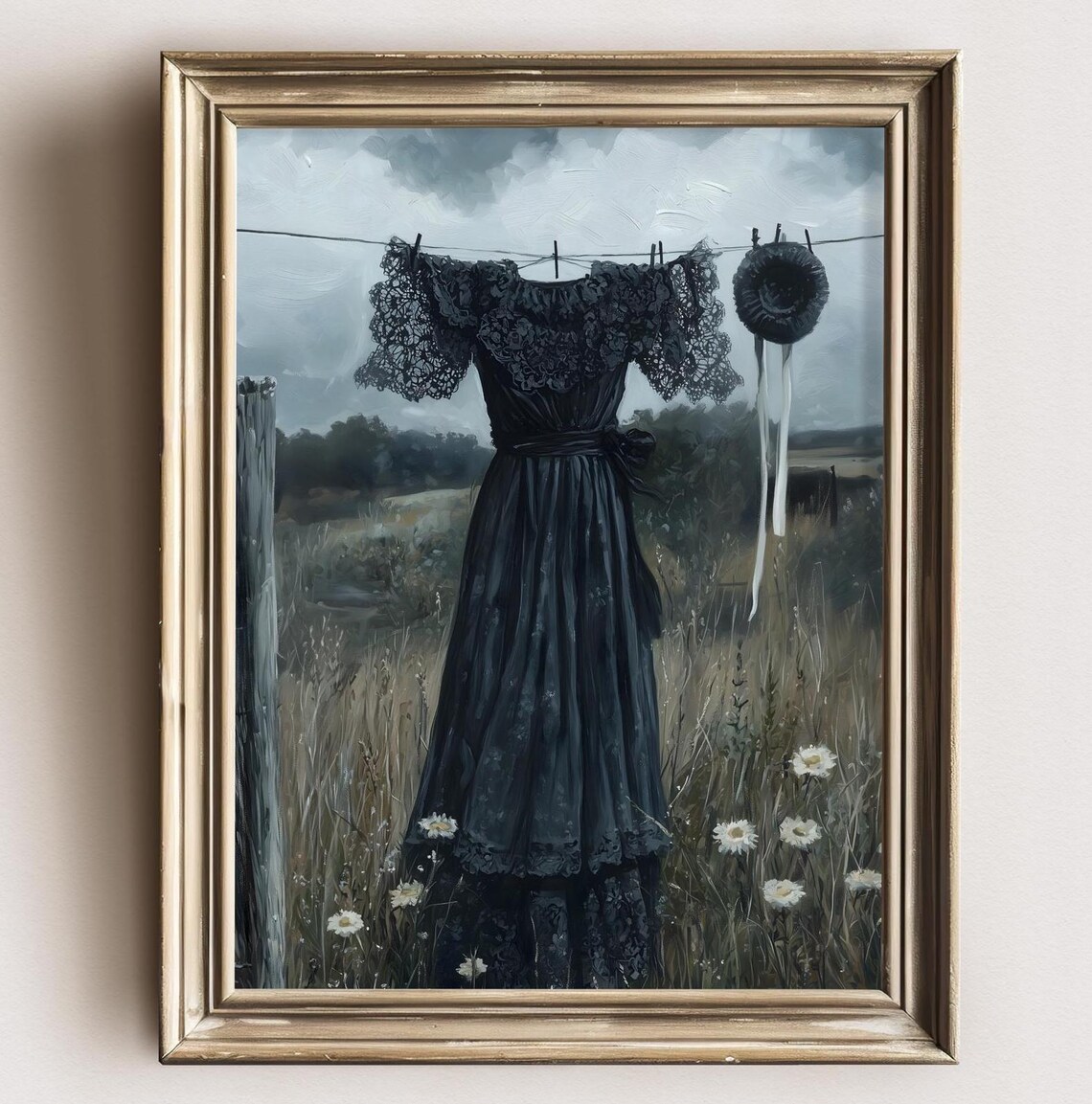 Black Victorian Mourning Dress On Clothesline In Daisy Meadow Cloudy Sky Art Poster