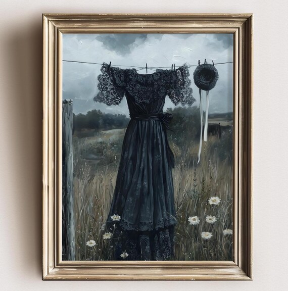 Black Victorian Mourning Dress On Clothesline In Daisy Meadow Cloudy Sky Art Poster