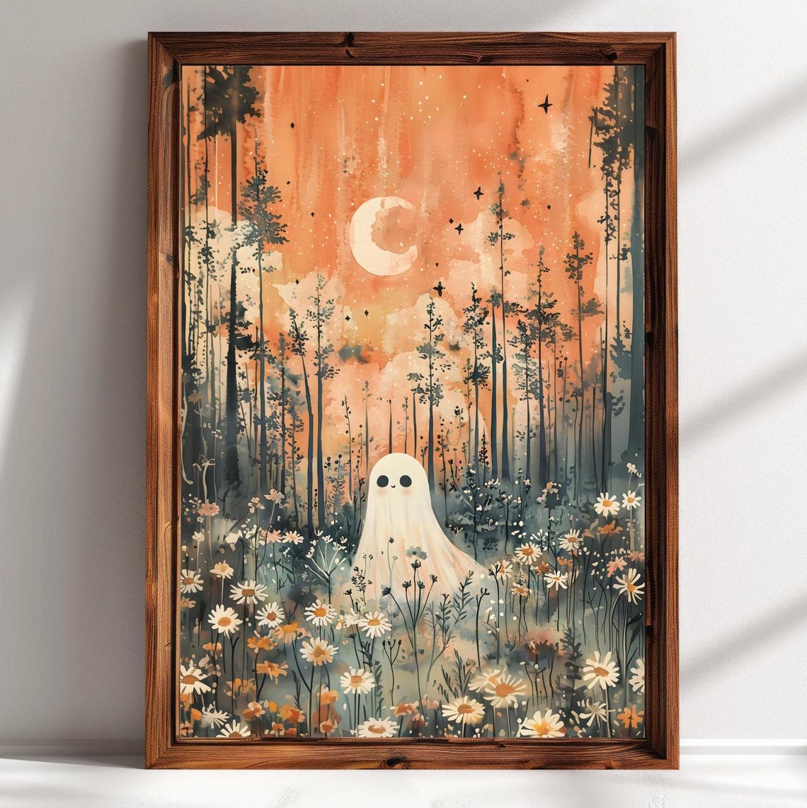 Cute Ghost In Wildflower Meadow Sunset Crescent Moon Whimsical Poster - Image 3