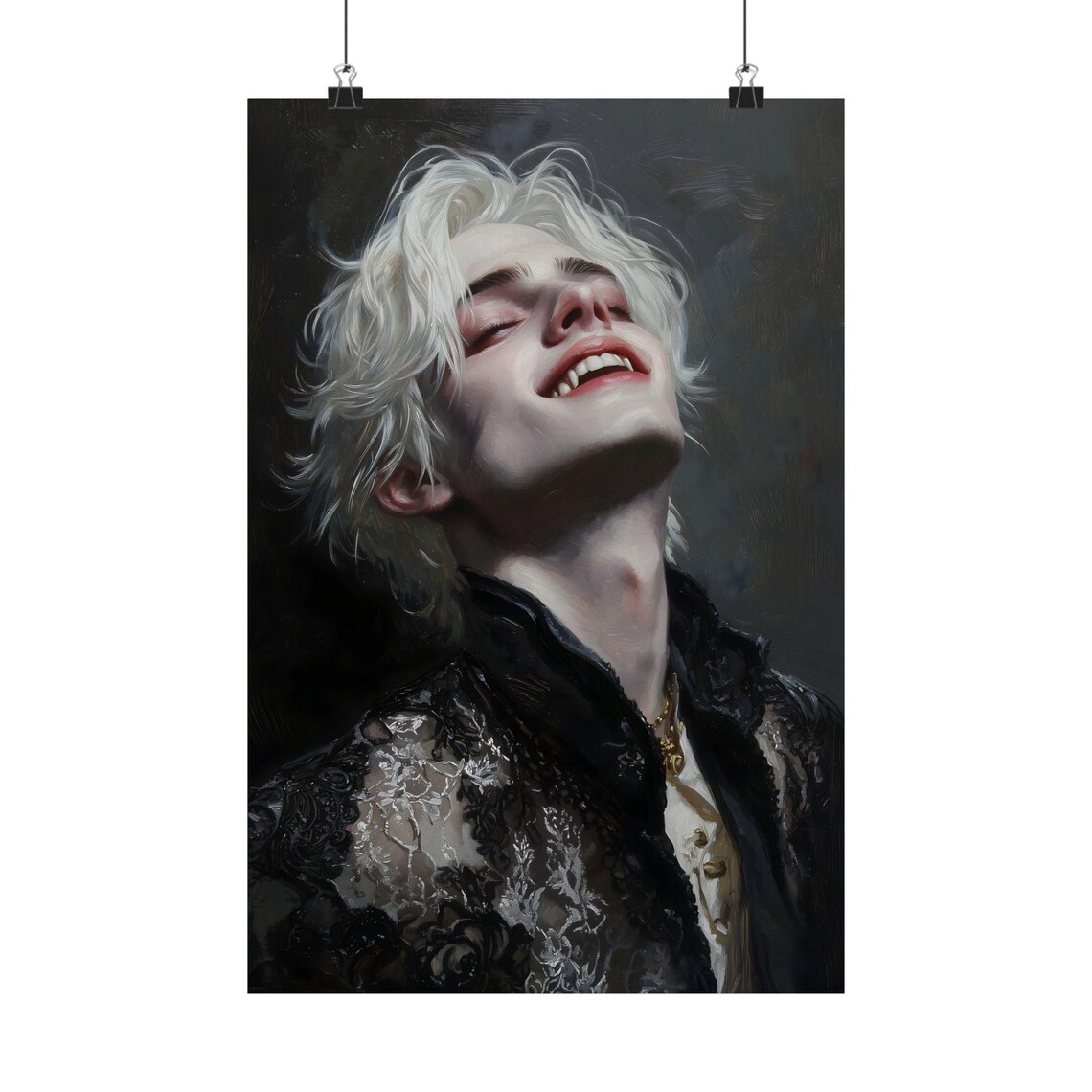 Laughing Vampire Blond Man Black Lace Coat Dark Gothic Oil Art Print - Image 3