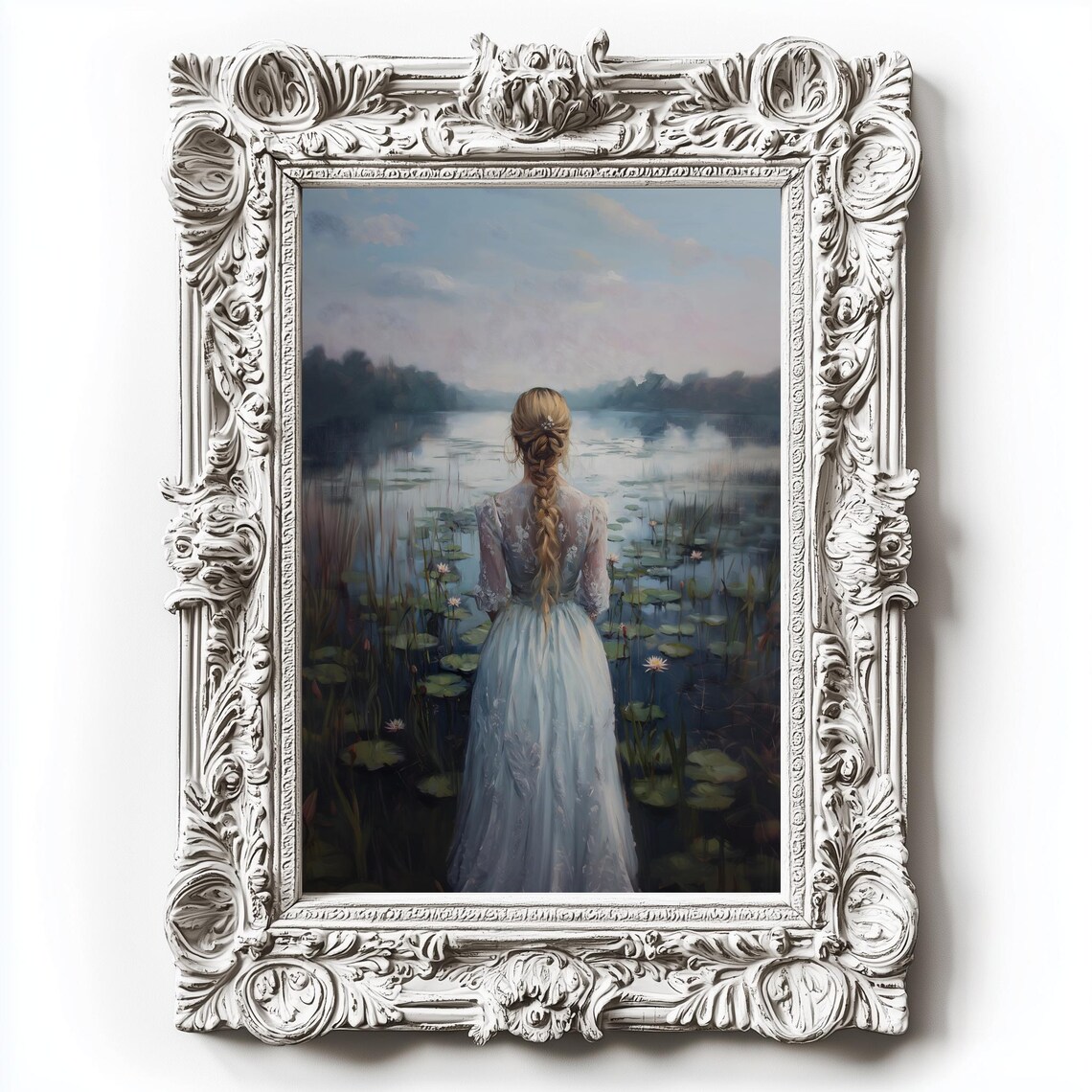 Blonde Girl Long Braid White Lace Dress Misty Lake Water Lilies Poster - Image 2