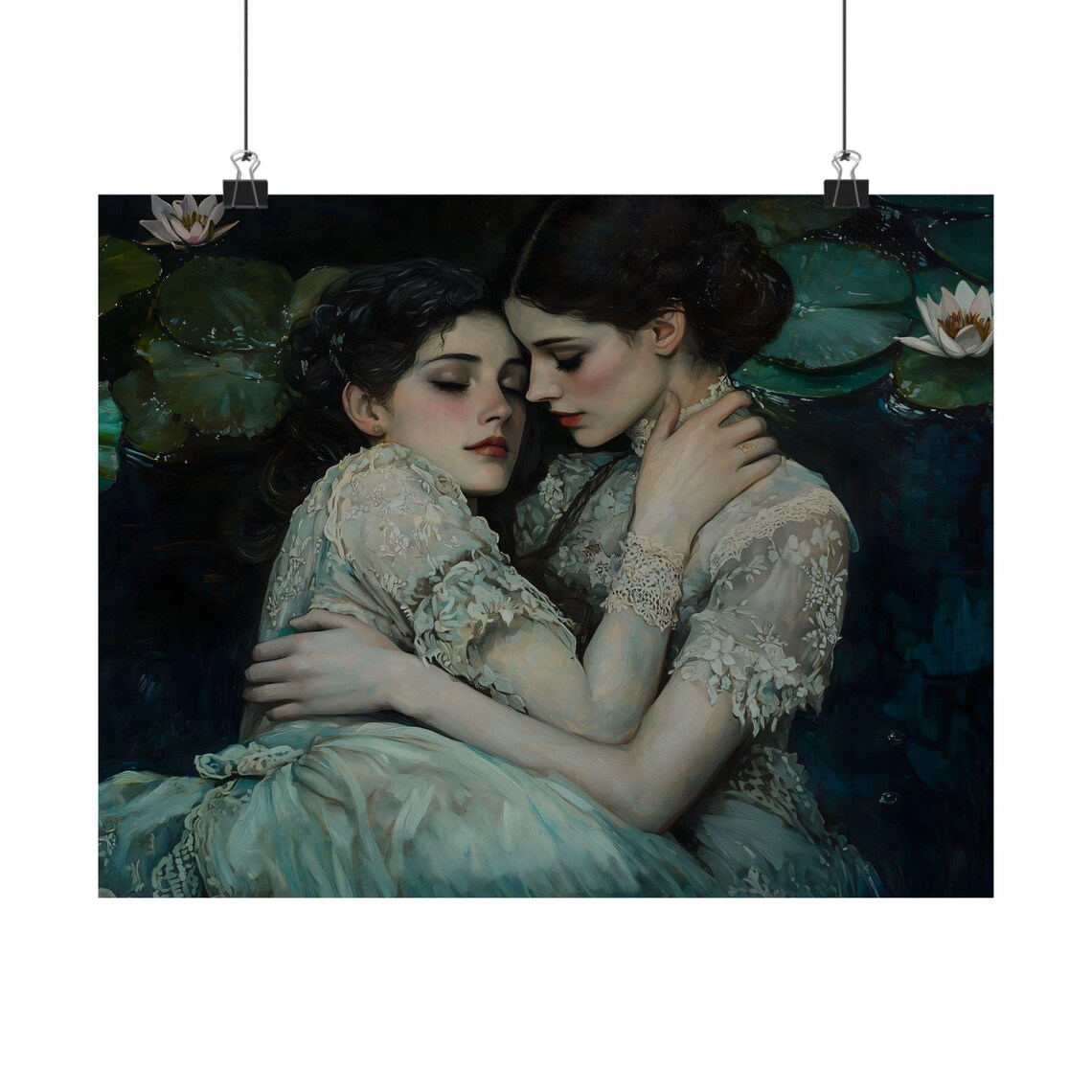 Two Women Embracing Lily Pond Dark Romantic Victorian Gothic Wall Art Poster - Image 3