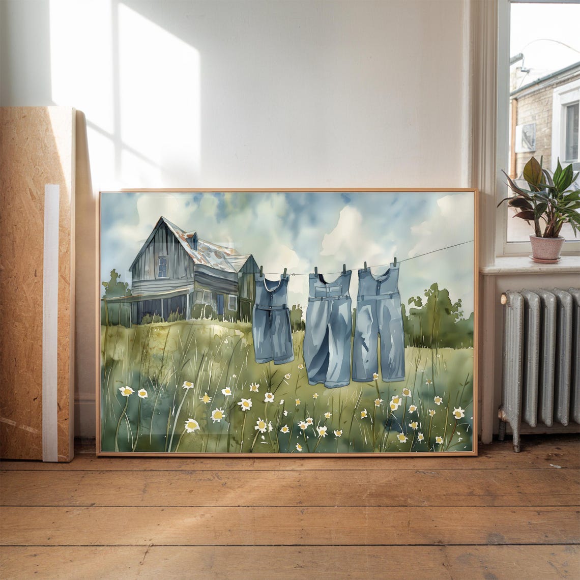 Denim Overalls on Clothesline by Barn Wildflower Watercolor Poster - Image 3