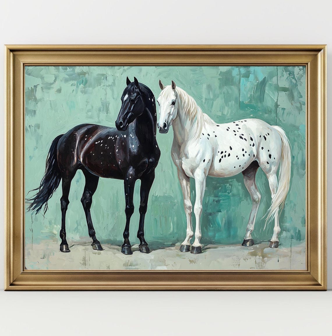 Spotted Black And White Horse Pair Mint Green Equestrian Art Print