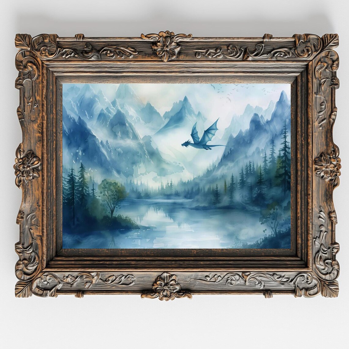 Blue Dragon Flying Over Misty Mountain Lake Watercolor Fantasy Art Poster - Image 2