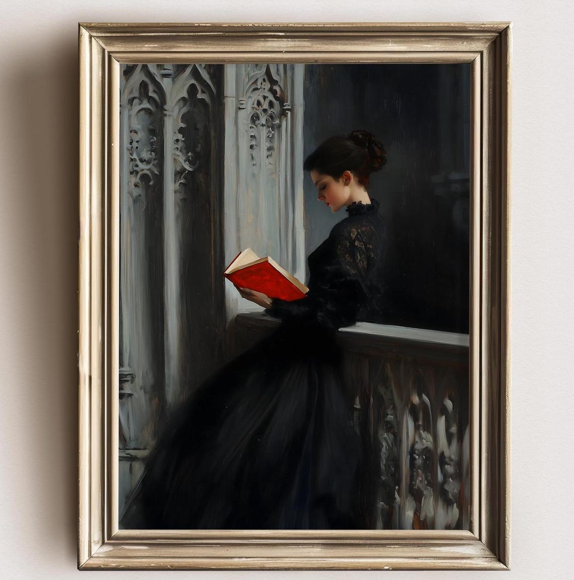 Victorian Woman Black Gown Reading Red Book Gothic Window Dark Print - Image 2