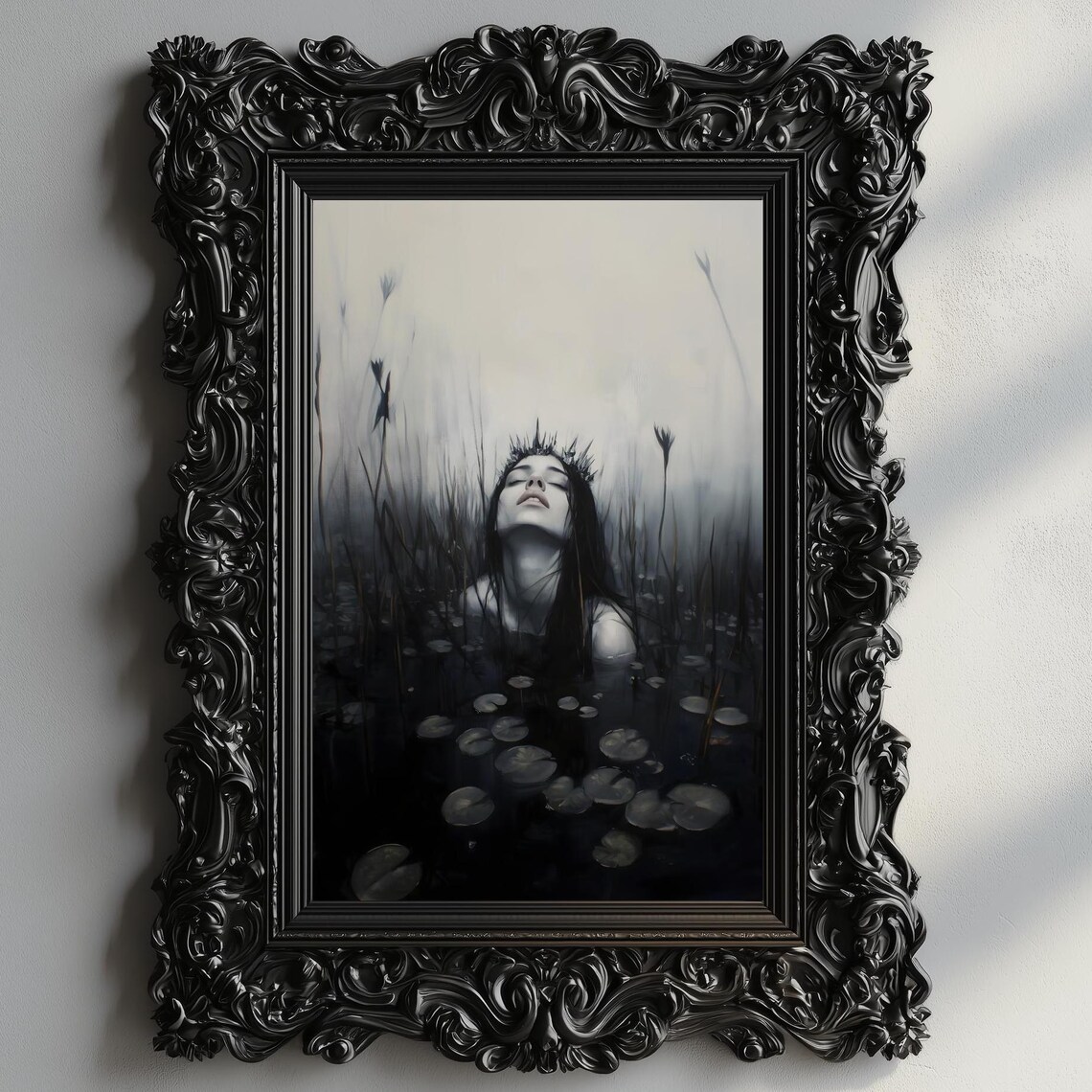 Dark Ophelia Spiky Crown Woman Black Lily Pond Gothic Dark Academia Poster