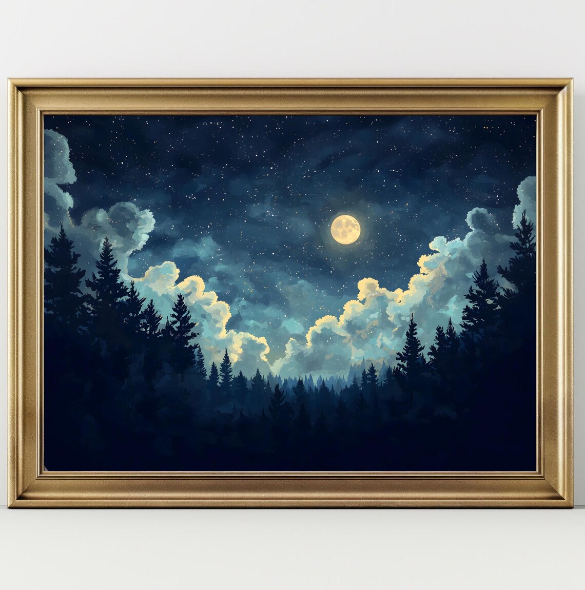 Bright Full Moon And Stars Above Misty Pine Forest Night Sky Wall Art - Image 2