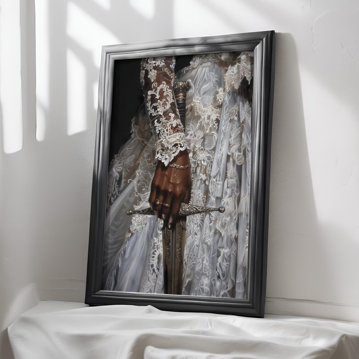 Black Woman Sword Hand Ornate Blade White Lace Gown Dark Art Print - Image 3