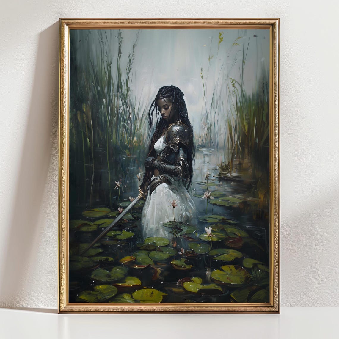 Armored Woman with Sword Standing in Lily Pond Fantasy Art Poster - Image 3
