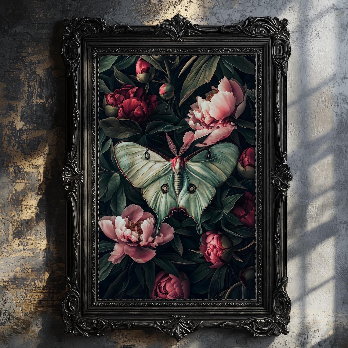 Luna Moth Dark Botanical Art Print, Witchy Academia