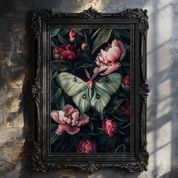 Luna Moth Dark Botanical Art Print, Witchy Academia