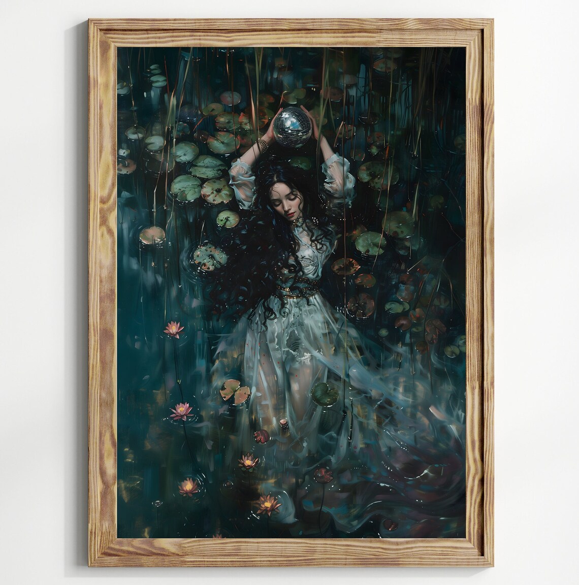 Woman Holding Disco Ball In Dark Lily Pond Night Water Lilies Surreal Art Print - Image 3