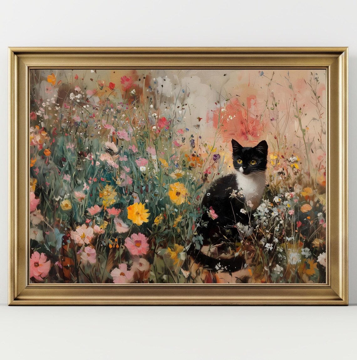 Tuxedo Cat Wildflower Meadow Impressionist Floral Oil Painting Print
