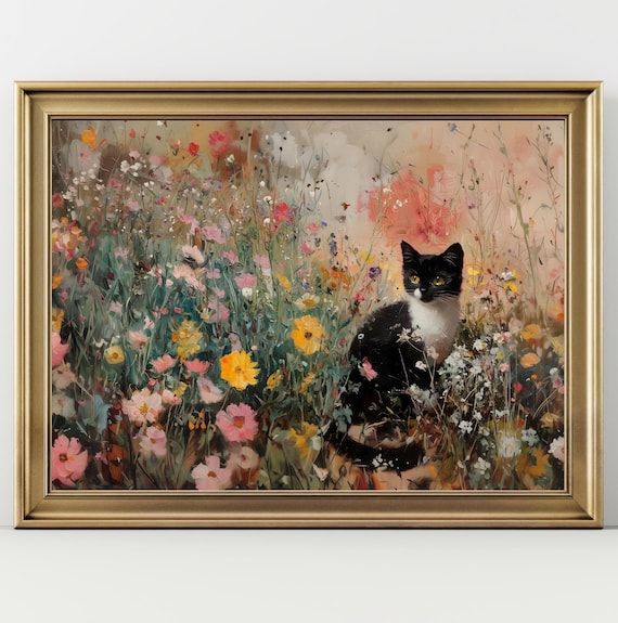Tuxedo Cat Wildflower Meadow Impressionist Floral Oil Painting Print