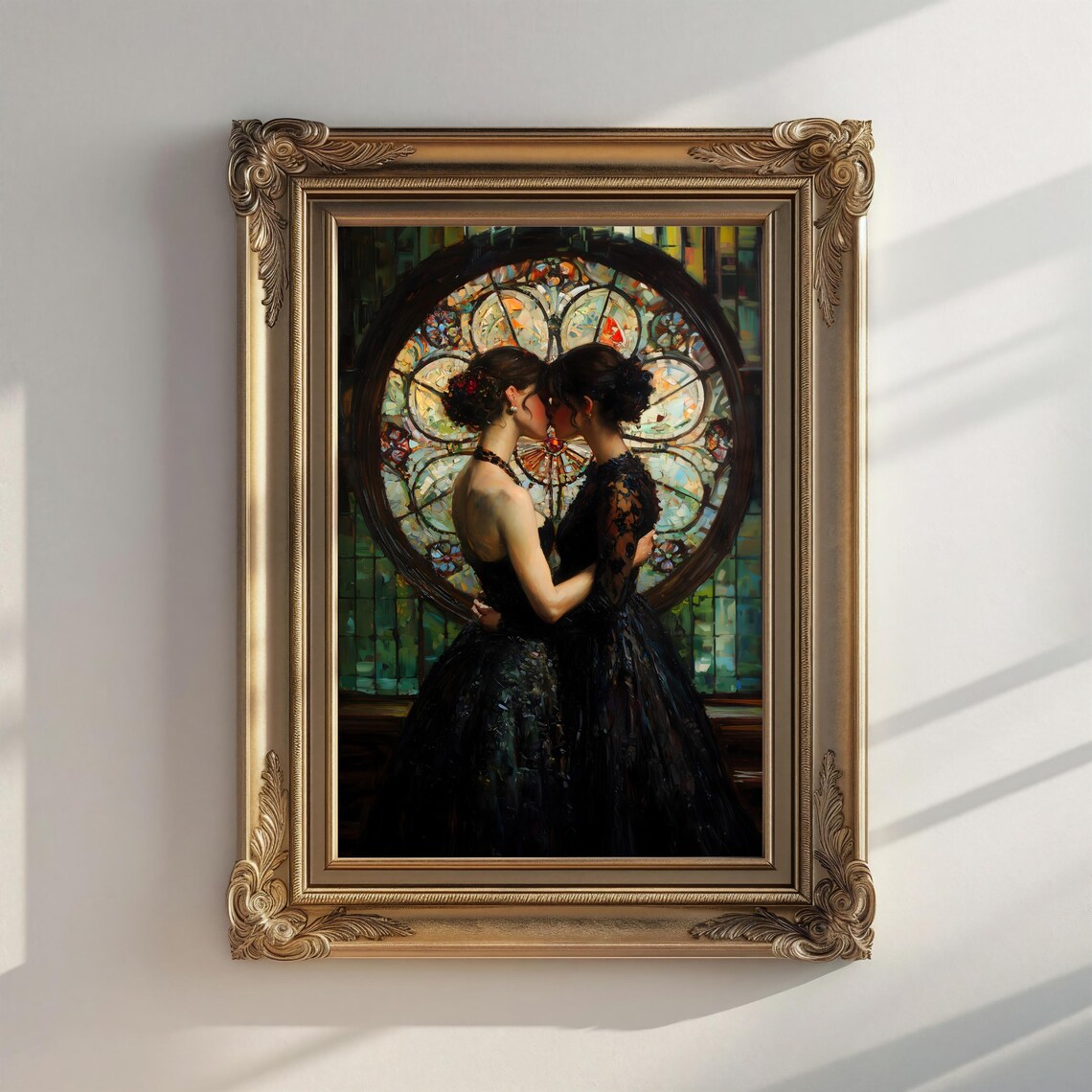 Two Women Kissing Before Stained Glass Rose Window Gothic Romance Poster - Image 3