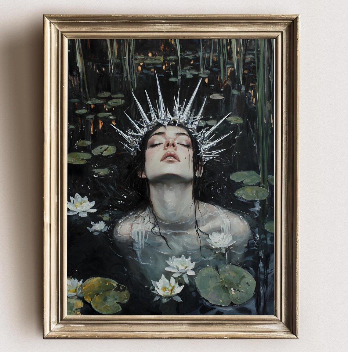 Ophelia Ice Crown Woman Floating Dark Water Lily Pond Gothic Fantasy Print