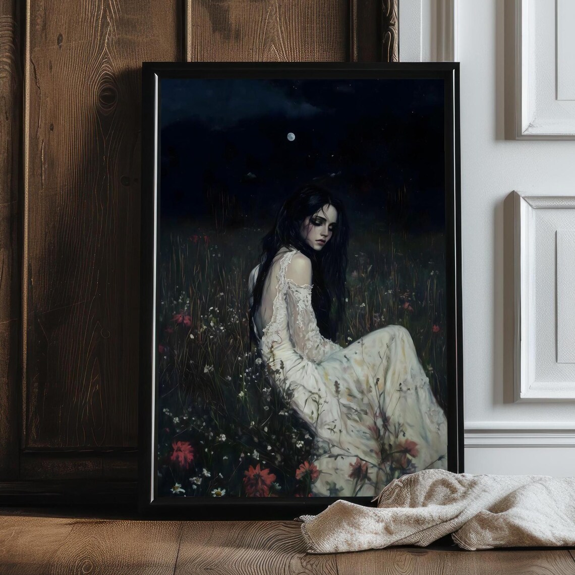 Victorian Woman In White Lace Dress Under Moonlight Wildflower Meadow Night Art Poster - Image 2