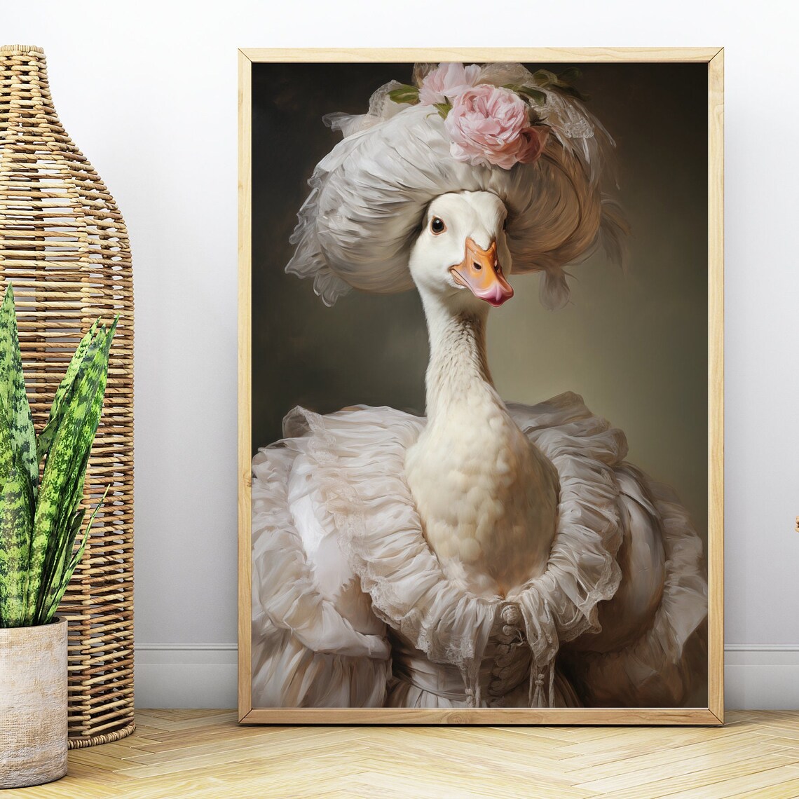 Victorian Goose Portrait Feathered Bonnet Roses Humorous Animal Art Print - Image 4