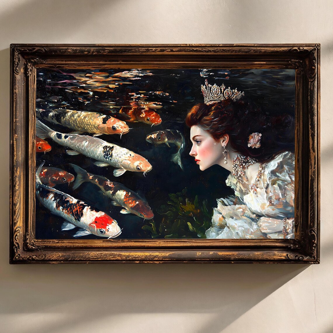 Crowned Woman Koi Fish Dark Pond Underwater Oil Painting Art Print - Image 3