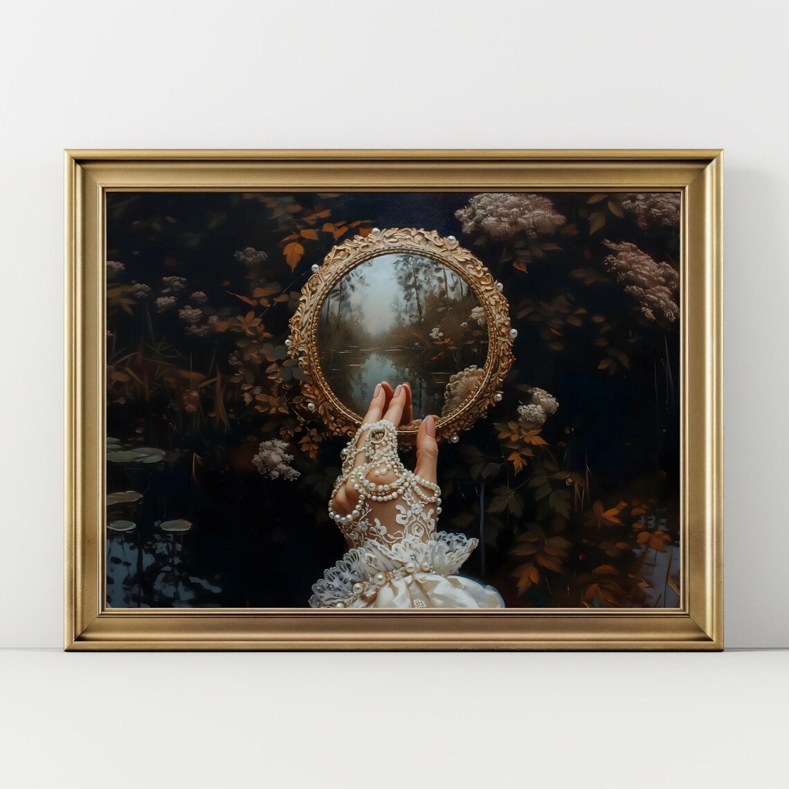 Pearl Gloved Hand Holding Ornate Gold Mirror Reflecting Misty Lake Dark Floral Poster - Image 2