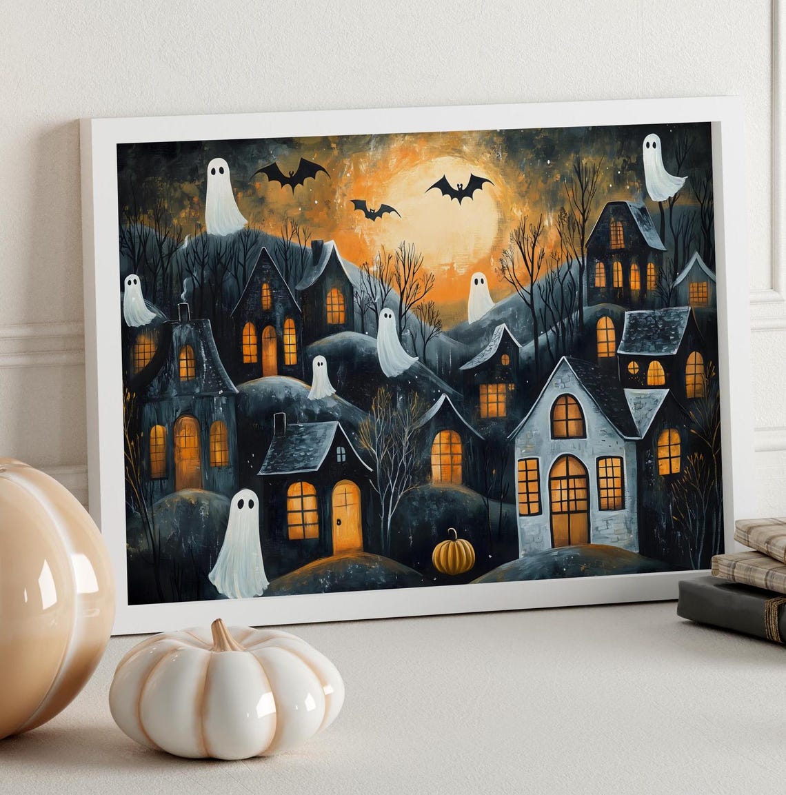 Halloween Village Night Ghosts Bats Glowing Windows Folk Art Poster - Image 3