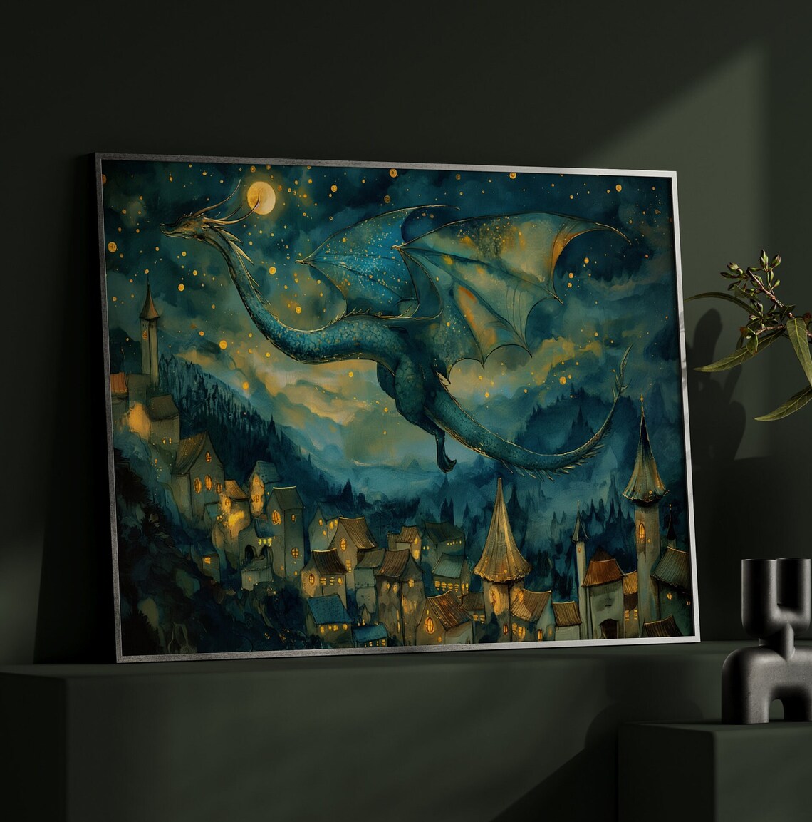 Blue Dragon Watercolor Fantasy Kingdom Night Art Print - Image 2