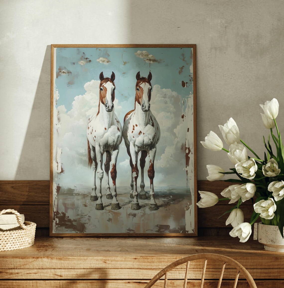 Two Pinto Horses Cloudy Sky Vintage Equestrian Oil Painting Art Print - Image 2