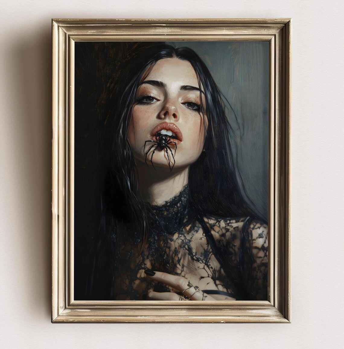 Gothic Woman Black Lace Spider Lips Dark Beauty Portrait Painting Poster - Image 2