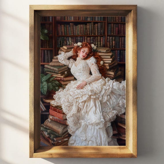 Bookish Victorian Decor Art Print Red Hair Girl And Books Wildflowers Dark Academia Book Lovers Art Library Art Bookish Wall Art
