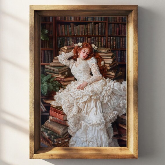 Redhead Woman Sleeping Library Books White Ruffled Gown Bookish Poster