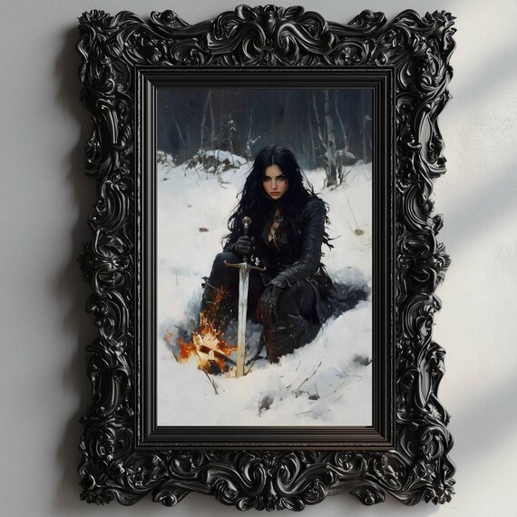 Female Knight Winter Decor Dark Academia Print Snow Goth Moody Victorian Wall Art Dark Decor Aesthetic Woman With Sword Print