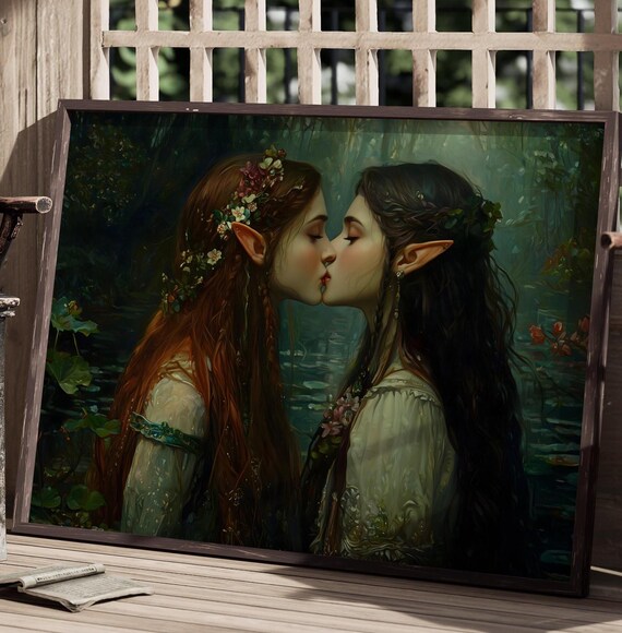 Two Elven Queens In Magical Forest Sapphic Wall Art Sappho Lesbian Decor Art Print Cottagecore Lesbian Wall Art Greek Mythology Art